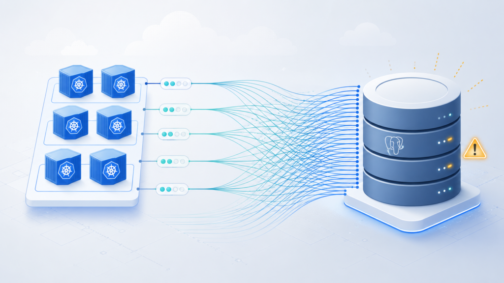 Application containers multiplying database connection lines into a single strained PostgreSQL database, illustrating hidden connection pool scaling risk.