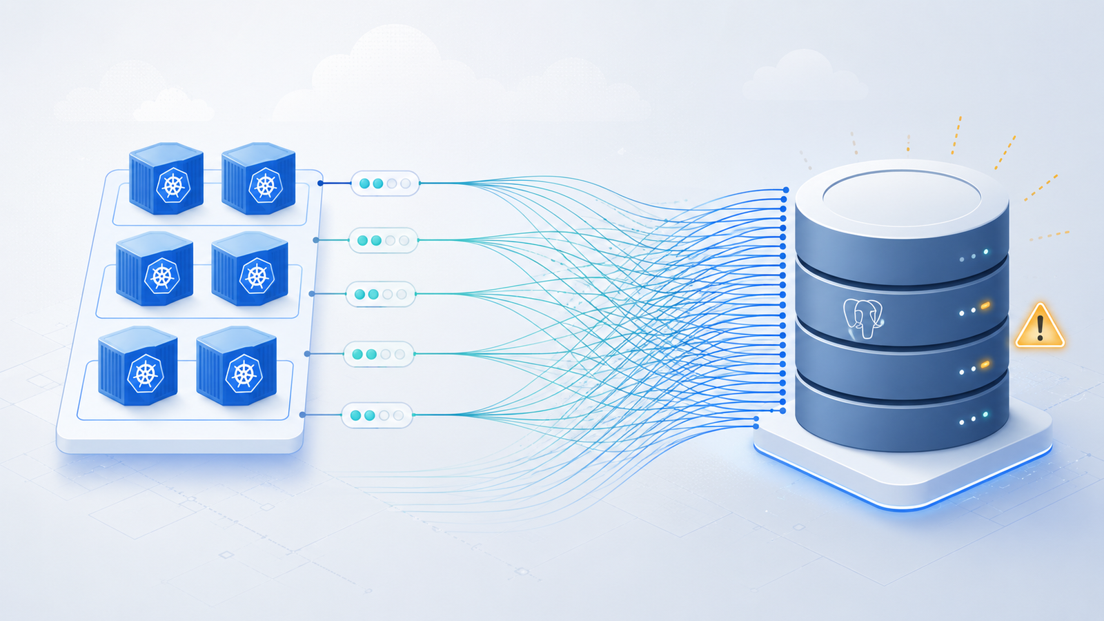Application containers multiplying database connection lines into a single strained PostgreSQL database, illustrating hidden connection pool scaling risk.