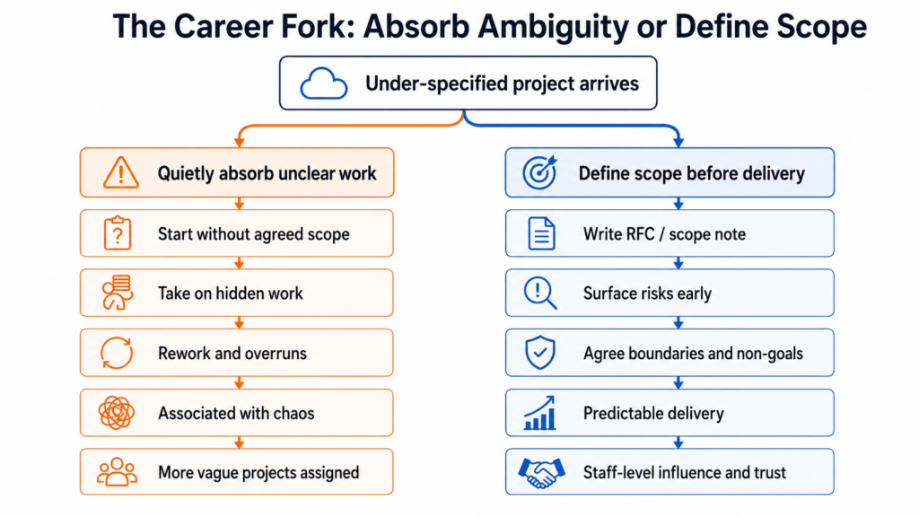 Split-path diagram comparing engineers who absorb unclear project scope with those who define scope early through RFCs, risk management and agreed boundaries.