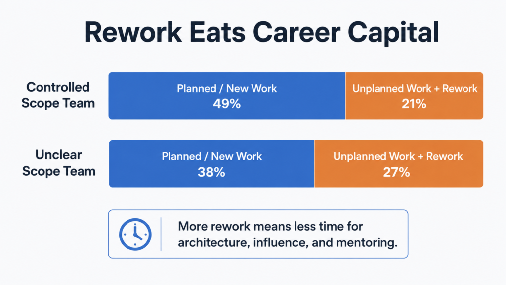 Comparison chart showing controlled-scope teams spending more time on planned work and unclear-scope teams spending more time on unplanned work and rework.