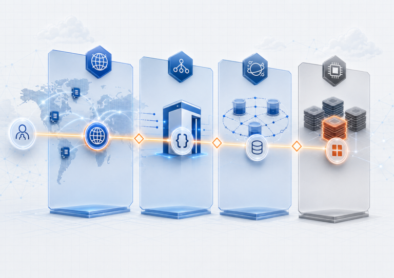 Layered Azure caching architecture showing a request moving through edge caching, API caching, data-layer caching and distributed in-memory caching before reaching Azure Managed Redis.
