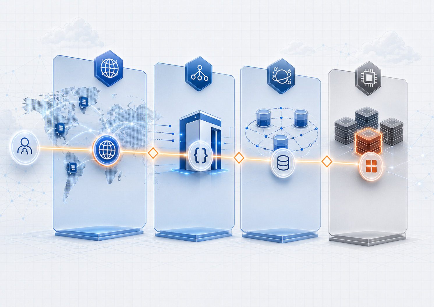 Layered Azure caching architecture showing a request moving through edge caching, API caching, data-layer caching and distributed in-memory caching before reaching Azure Managed Redis.