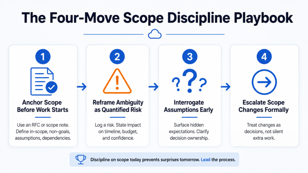 Four-step scope discipline playbook showing how to anchor scope, quantify ambiguity as risk, interrogate assumptions and escalate scope changes formally.