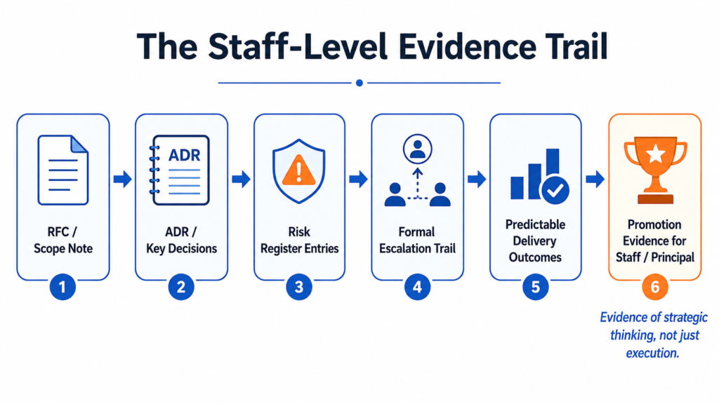 Process diagram showing how RFCs, ADRs, risk register entries, escalation trails and predictable delivery outcomes create promotion evidence for Staff and Principal roles.