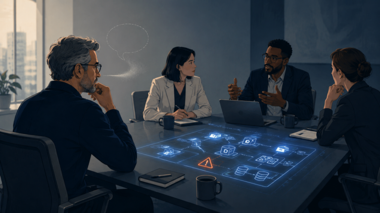 Senior cloud engineer sitting silently in a meeting room while colleagues discuss a risky architecture decision shown on a glowing technical diagram.