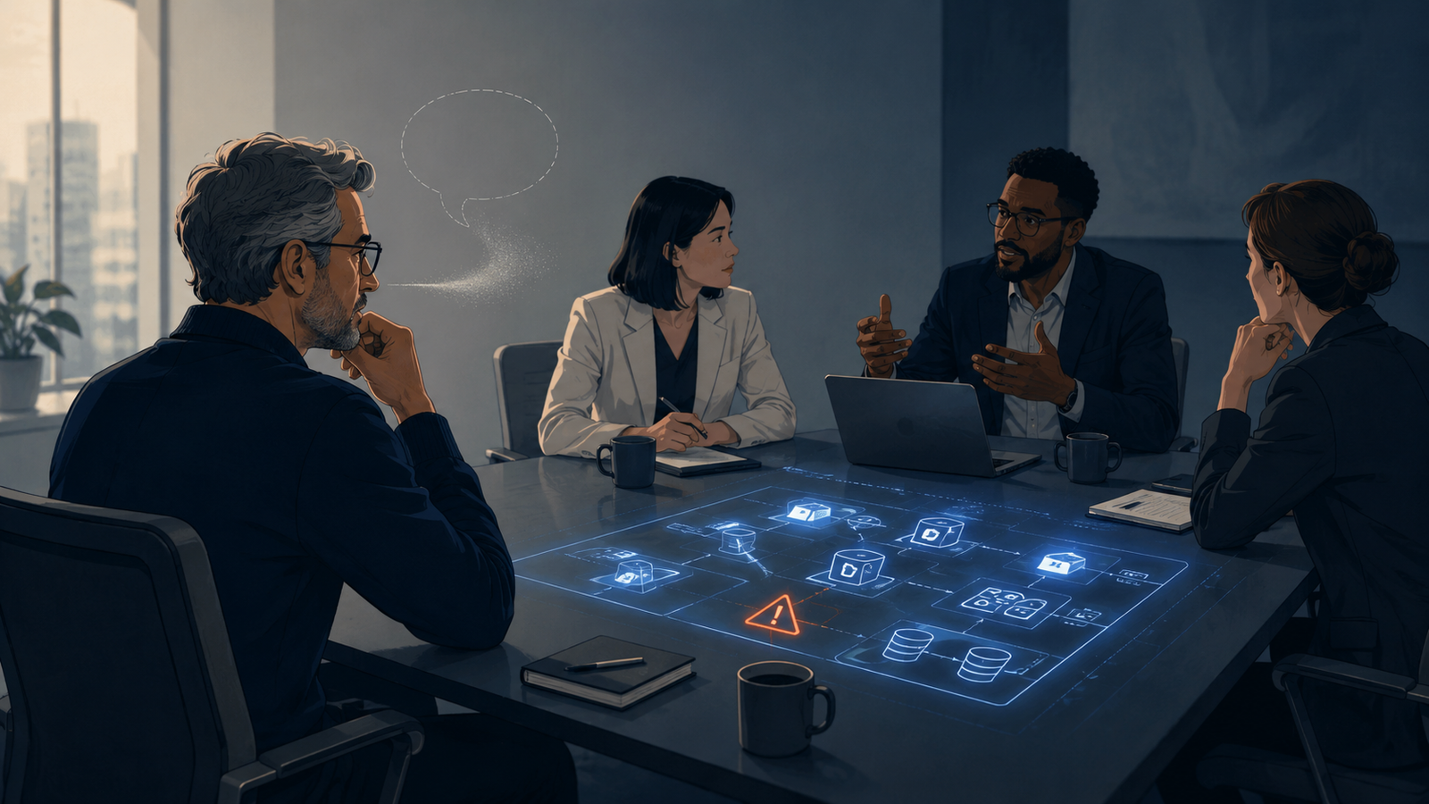 Senior cloud engineer sitting silently in a meeting room while colleagues discuss a risky architecture decision shown on a glowing technical diagram.