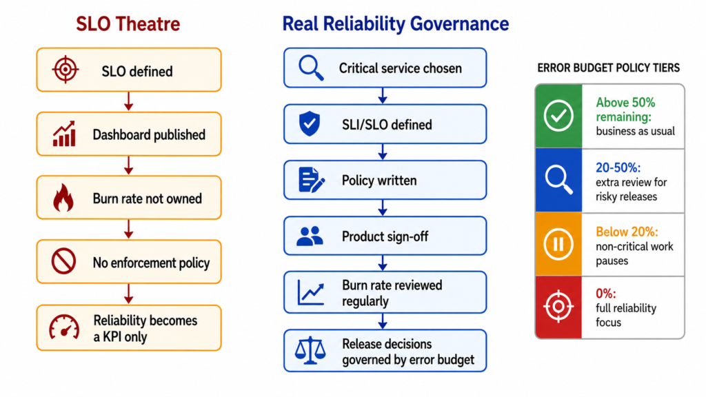 Flowchart comparing SLO theatre, where dashboards exist without ownership or enforcement, with real reliability governance based on product sign-off, burn-rate review, and error-budget release decisions.