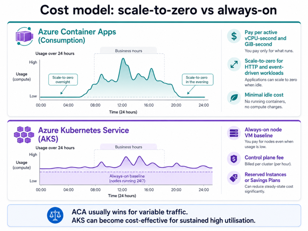 Cost model diagram comparing Azure Container Apps consumption billing and scale-to-zero behaviour with AKS always-on node VM baseline costs and control plane fees.