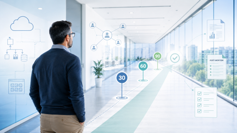 Senior cloud engineer looking down a modern office corridor with 30, 60 and 90 day milestones, cloud architecture icons, stakeholder nodes and post-mortem documents representing a structured first 90 days in a new role.