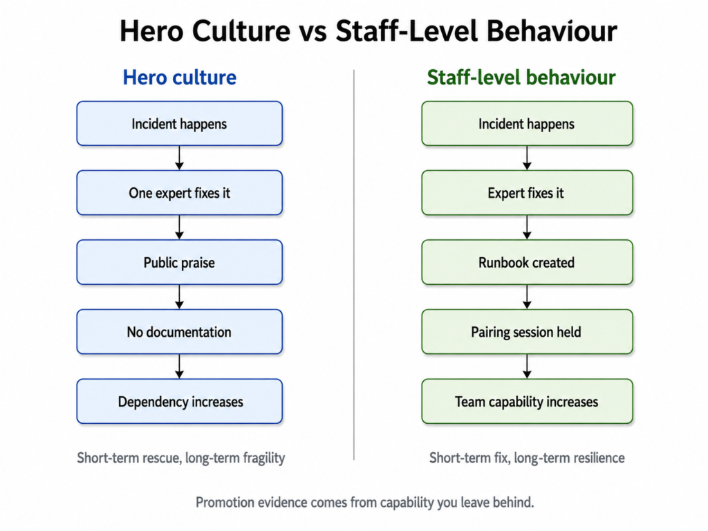 Two-column comparison showing hero culture as incident rescue followed by praise and dependency, versus Staff-level behaviour where incidents lead to runbooks, pairing, and stronger team capability.