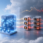 CDN edge layer serving users quickly while a slow origin infrastructure struggles in the background