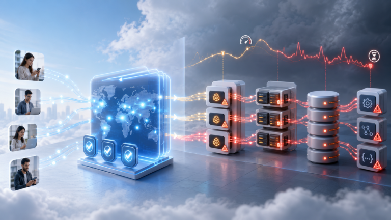 CDN edge layer serving users quickly while a slow origin infrastructure struggles in the background