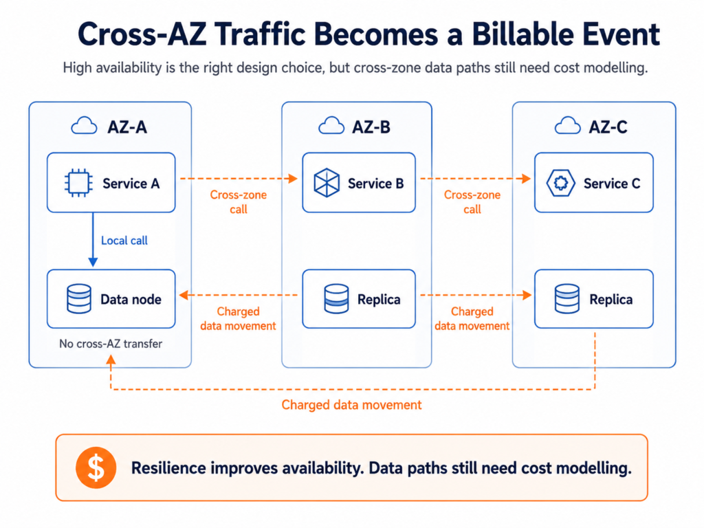 Diagram of three availability zones showing local service calls inside one zone and charged cross-zone data movement between services and replicas.