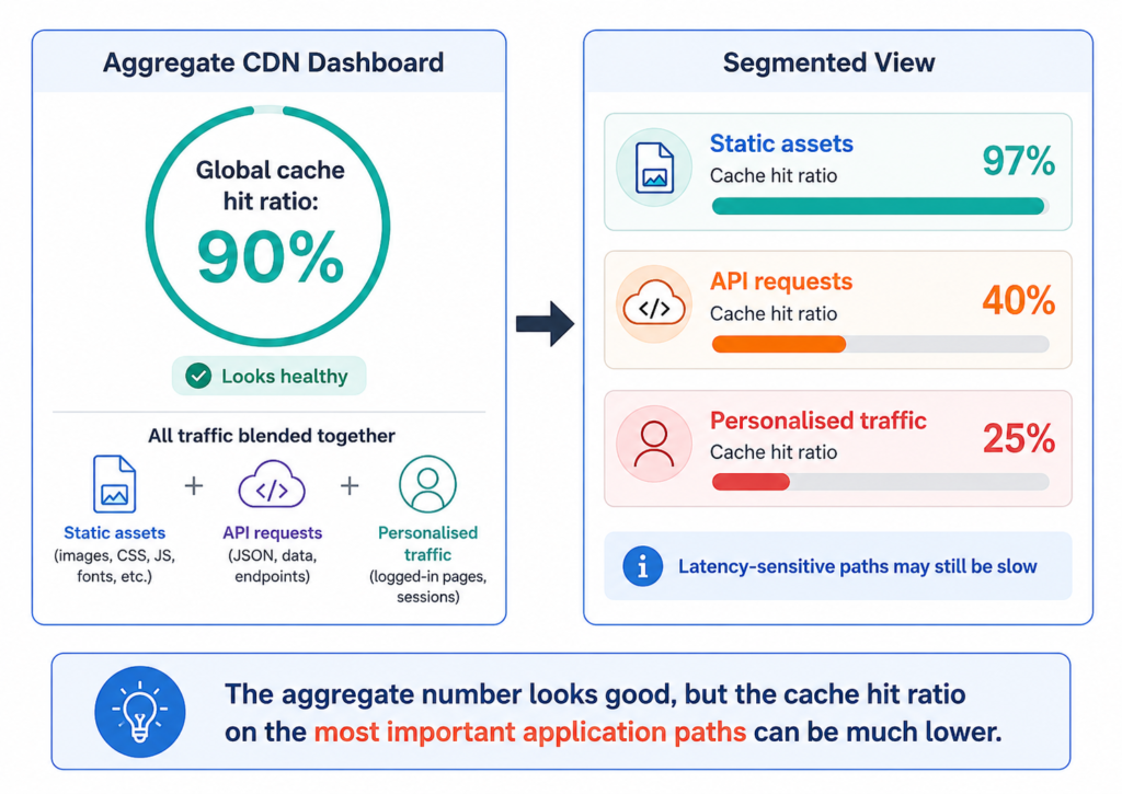 Diagram comparing an aggregate CDN dashboard showing a 90 percent global cache hit ratio with a segmented view showing high cache hits for static assets but much lower hit ratios for API requests and personalised traffic