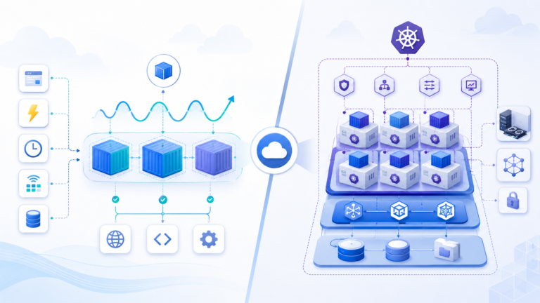 Illustration showing two Azure container platform paths, with a simpler managed container apps architecture on one side and a more complex Kubernetes cluster architecture on the other, representing the choice between Azure Container Apps and AKS.