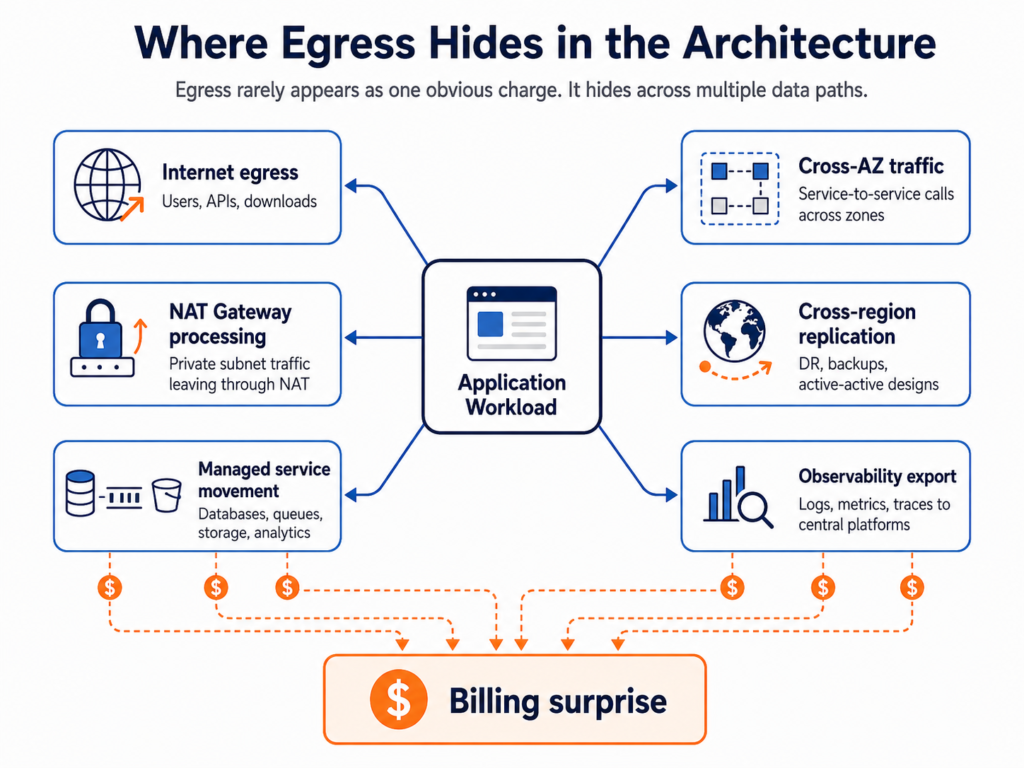 Diagram showing an application workload connected to internet egress, cross-AZ traffic, NAT Gateway processing, cross-region replication, managed service movement and observability export, all contributing to a billing surprise.