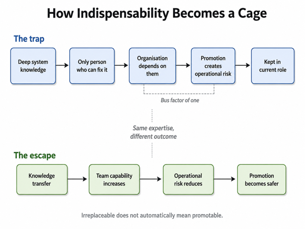 Flow diagram showing how deep system knowledge can become a promotion trap when one person becomes the only expert, and how knowledge transfer increases team capability and makes promotion safer.