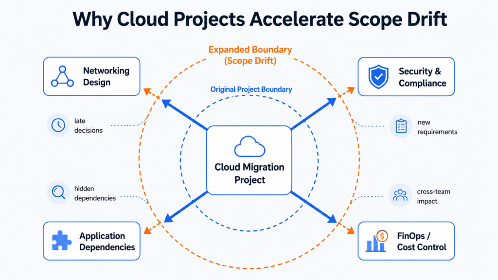 Diagram showing how networking design, security, application dependencies and FinOps pressures expand the original boundary of a cloud migration project.