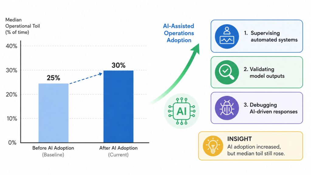 Infographic showing median operational toil increasing from 25% to 30% while AI-assisted operations adoption rises, with callouts for supervising automation, validating model outputs, and debugging AI-driven responses.