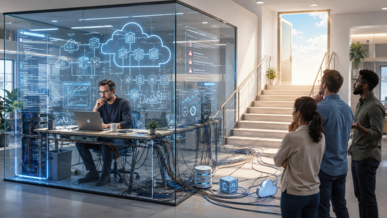 Senior cloud engineer working inside a glass room surrounded by architecture diagrams, dashboards, and cables while colleagues look on from outside, symbolising the career trap of being the only person who understands critical systems.