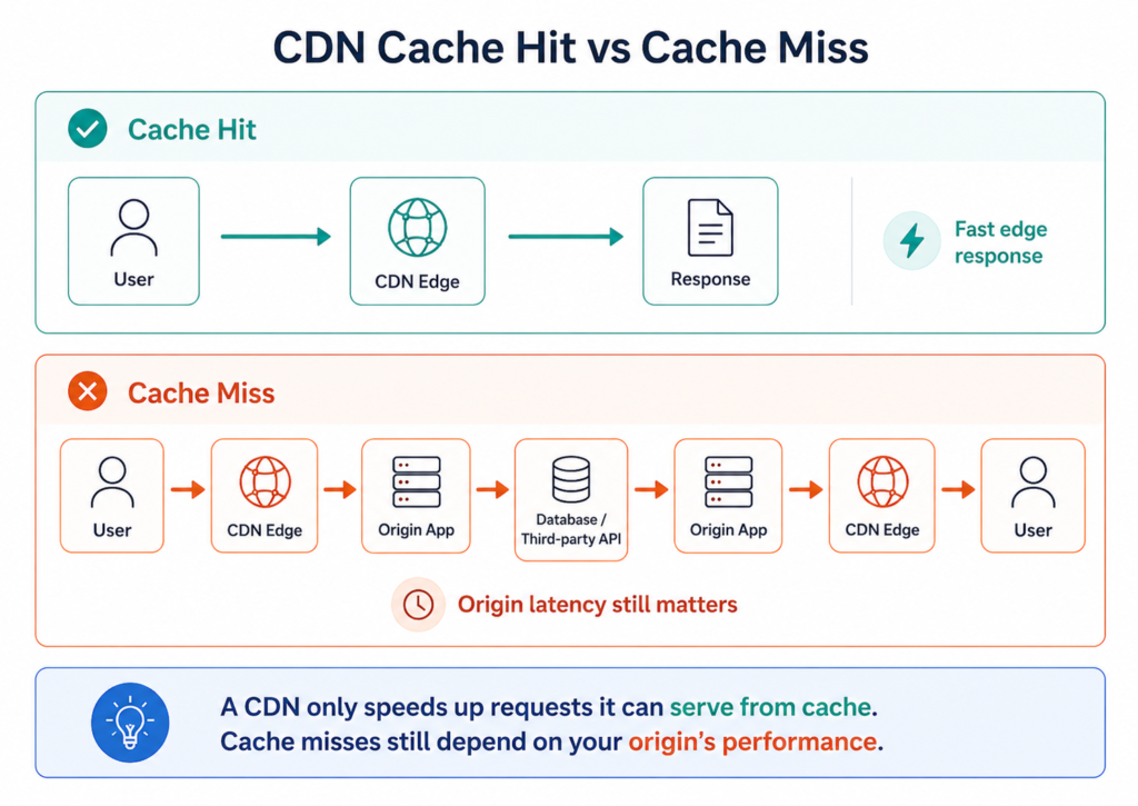 Diagram showing the difference between a CDN cache hit and a cache miss, with cache hits served directly from the CDN edge and cache misses travelling to the origin application and backend services
