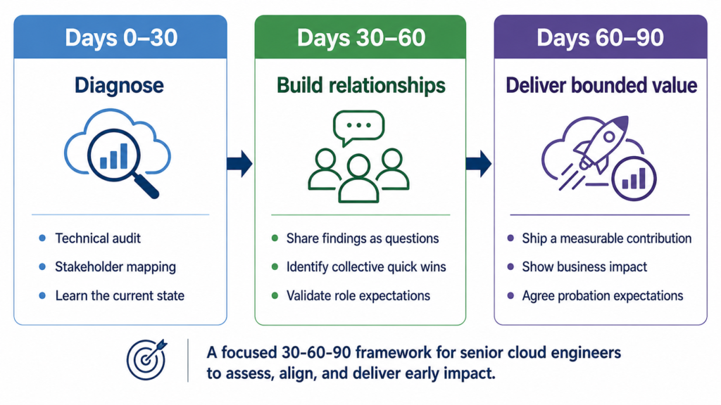 Three-stage 30-60-90 framework for senior cloud engineers showing diagnosis in days 0 to 30, relationship-building in days 30 to 60, and bounded delivery in days 60 to 90.