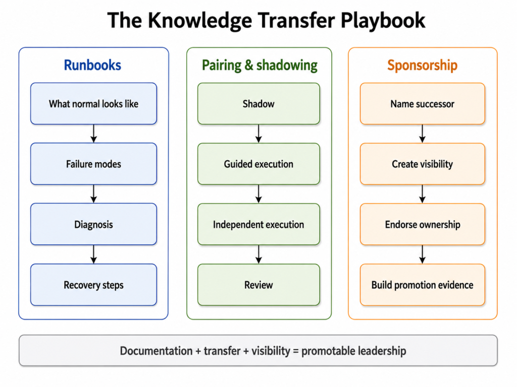 Three-column playbook diagram showing runbooks, pairing and shadowing, and sponsorship as the core practices for transferring knowledge and building promotion evidence.