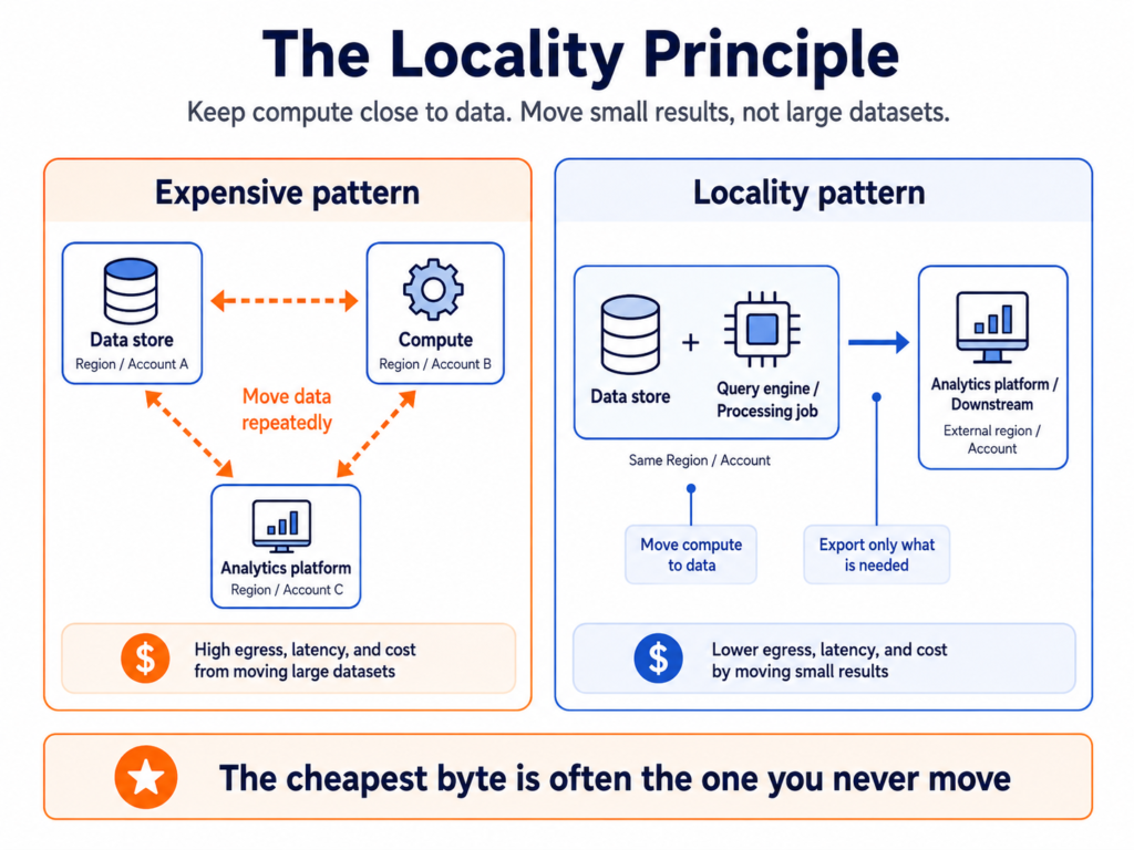 Comparison diagram showing an expensive pattern where data moves repeatedly between storage, compute and analytics platforms, contrasted with a locality pattern where compute runs close to the data and only small results are exported.