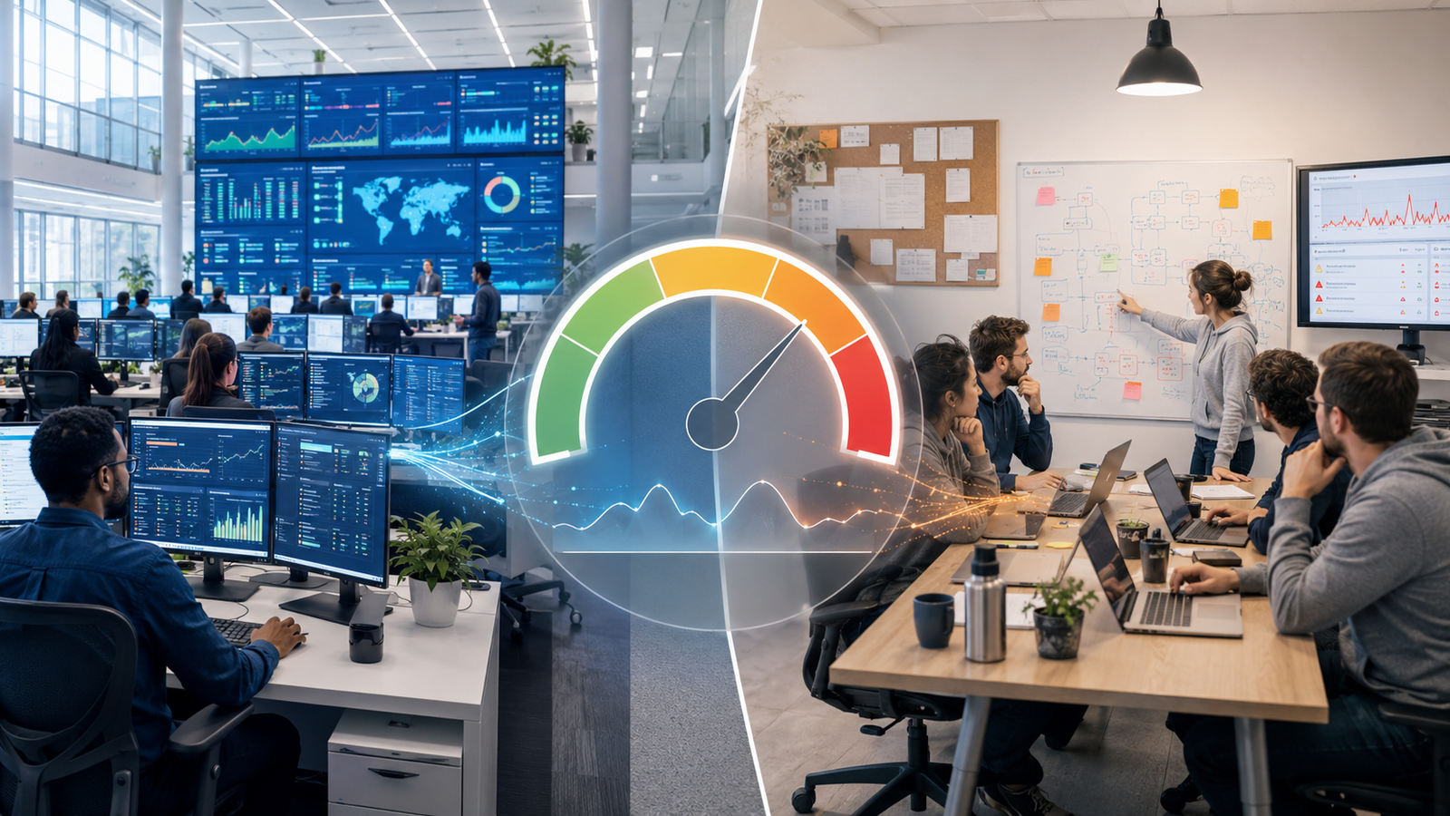 Split office scene showing a large hyperscale operations centre on one side and a smaller enterprise platform team on the other, joined by a central service health gauge representing the gap between SRE theory and enterprise reality.