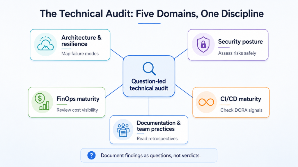 Question-led technical audit diagram showing five assessment domains: architecture and resilience, security posture, FinOps maturity, CI/CD maturity, and documentation and team practices.