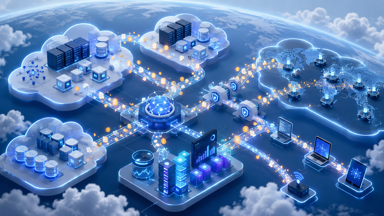Cloud architecture landscape showing data moving between regions, services, edge nodes and external platforms, with glowing cost markers representing hidden cloud egress charges.