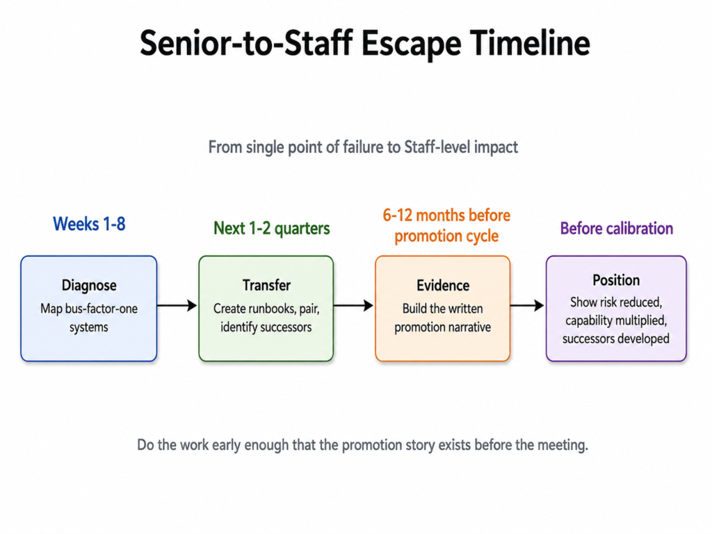 Roadmap showing the Senior-to-Staff progression from diagnosing bus-factor-one systems, to transferring knowledge, building promotion evidence, and positioning the story before calibration.