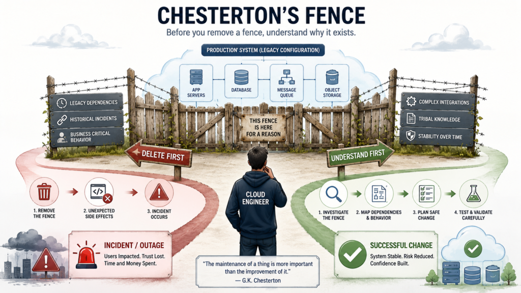 Cloud engineer facing a legacy production system fence with two paths: deleting first leading to incident risk, and understanding first leading to safe, validated change.