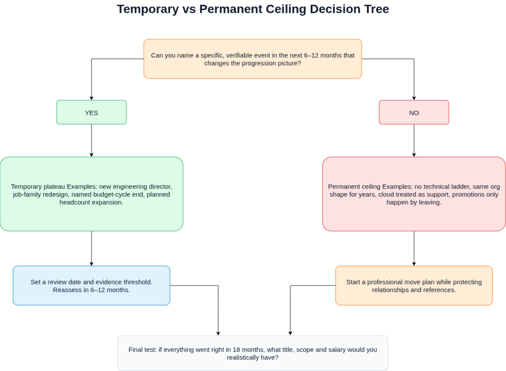 Decision tree showing how to distinguish a temporary career plateau from a permanent structural ceiling in a cloud engineering role.