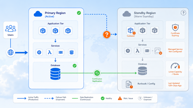 Active production region replicating data to a warm standby with untested failover, configuration drift and capacity risks.