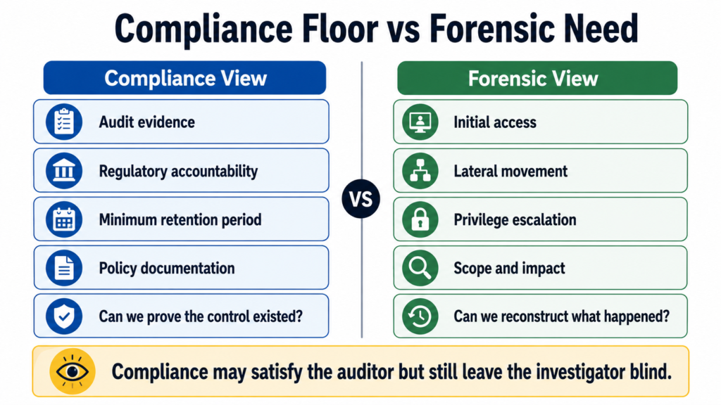Comparison diagram showing the difference between compliance-driven log retention and forensic investigation needs, highlighting that audit requirements do not always support effective incident reconstruction.