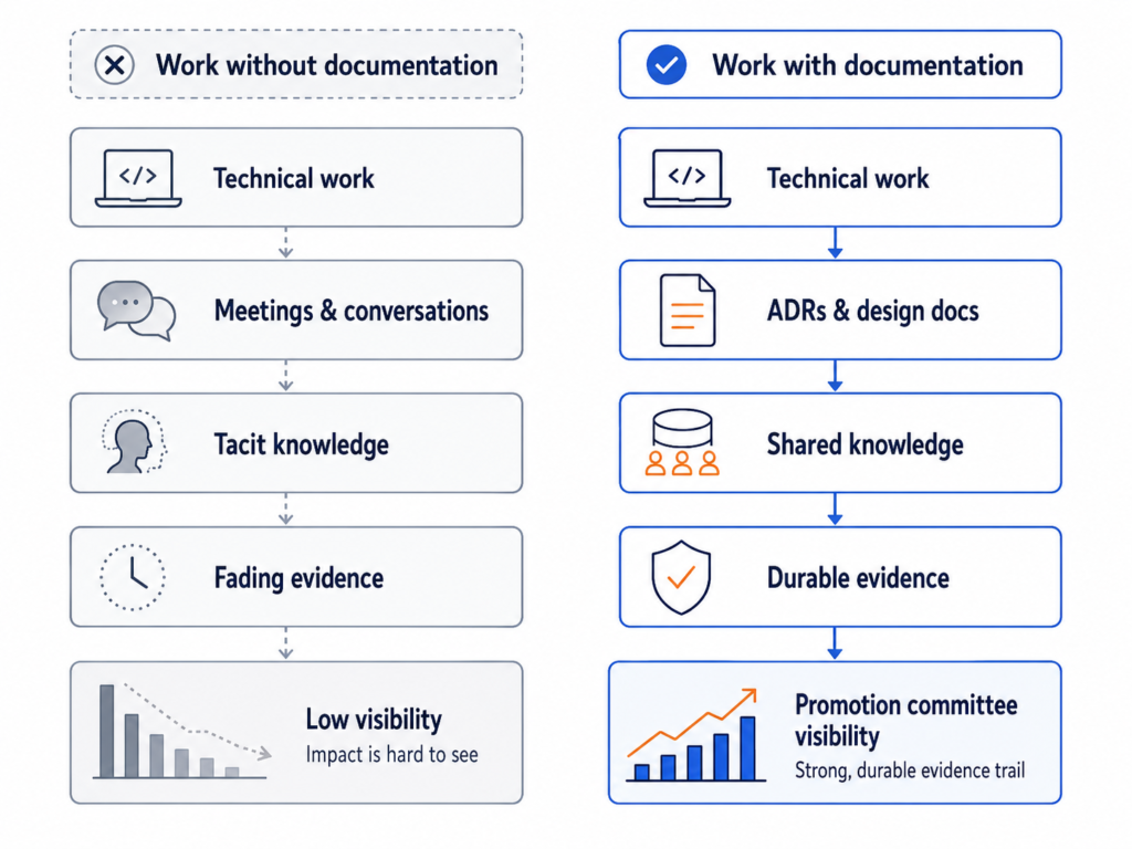 Comparison showing undocumented technical work becoming invisible while ADRs and design documents create durable, promotion-ready evidence.