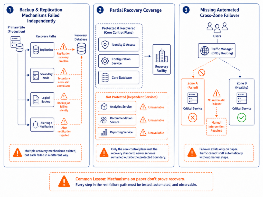 Three disaster recovery failure patterns: broken backup paths, partial service coverage and missing automated cross-zone failover.