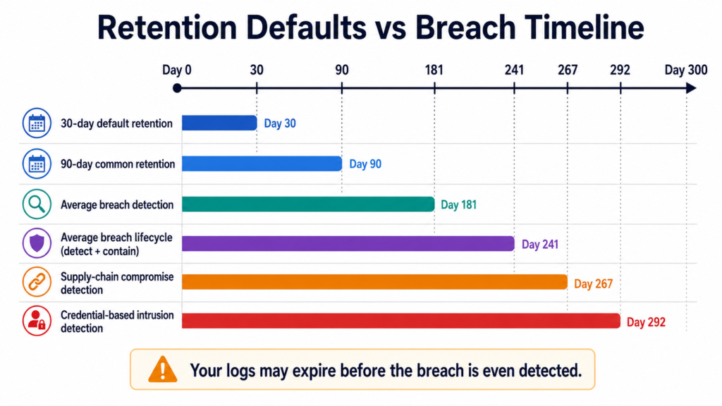Timeline chart comparing 30-day and 90-day log retention against breach detection and containment timelines, showing that logs may expire long before many breaches are discovered.