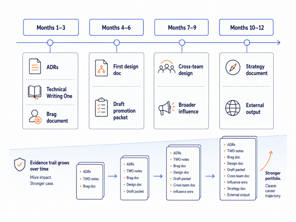 Twelve-month roadmap progressing from ADRs and a brag document to cross-team designs, engineering strategy and external writing.