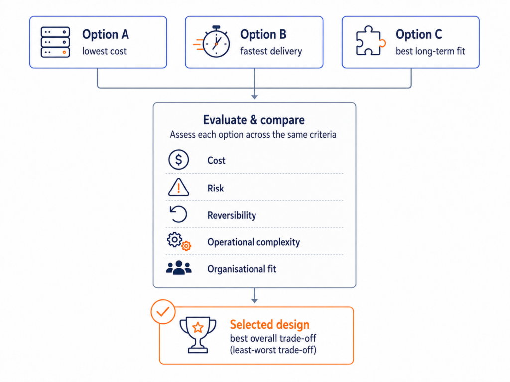 Three architecture options evaluated against cost, risk, reversibility, operational complexity and organisational fit before selecting a design.
