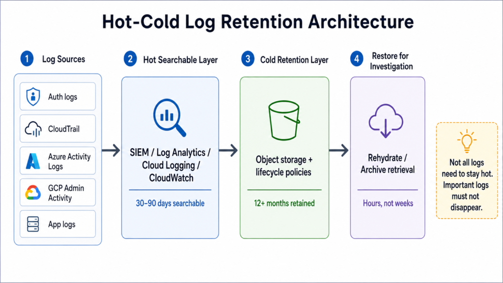 Architecture diagram showing logs flowing from cloud sources into a hot searchable layer, then into cold retention storage, with archived logs rehydrated later for investigation.