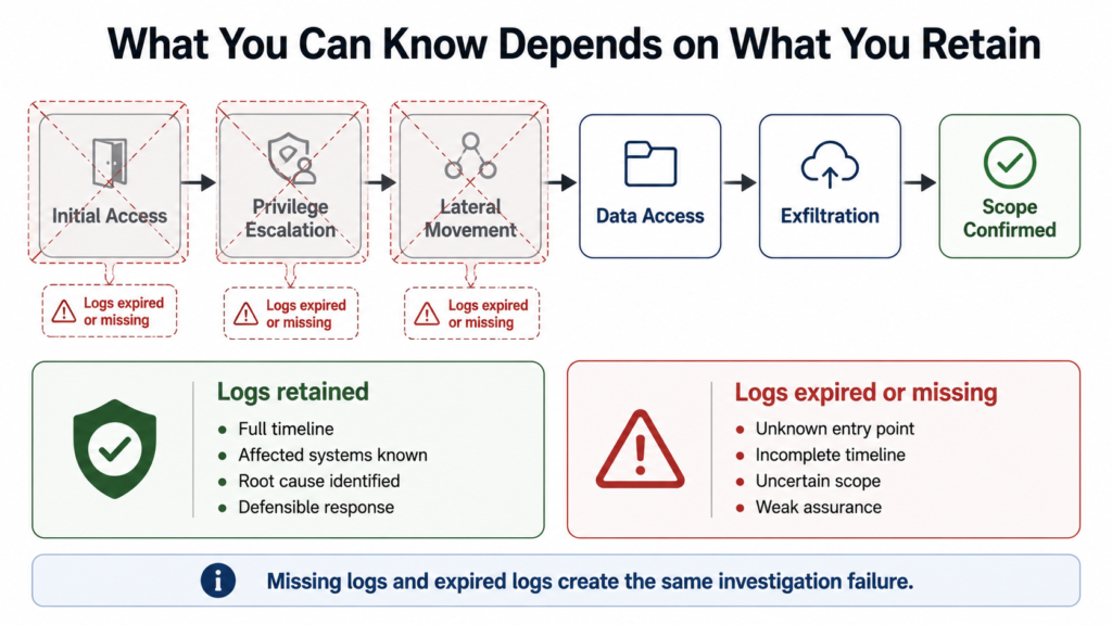 Investigation flow diagram showing how missing or expired logs prevent teams from reconstructing initial access, privilege escalation, and lateral movement during a breach investigation.