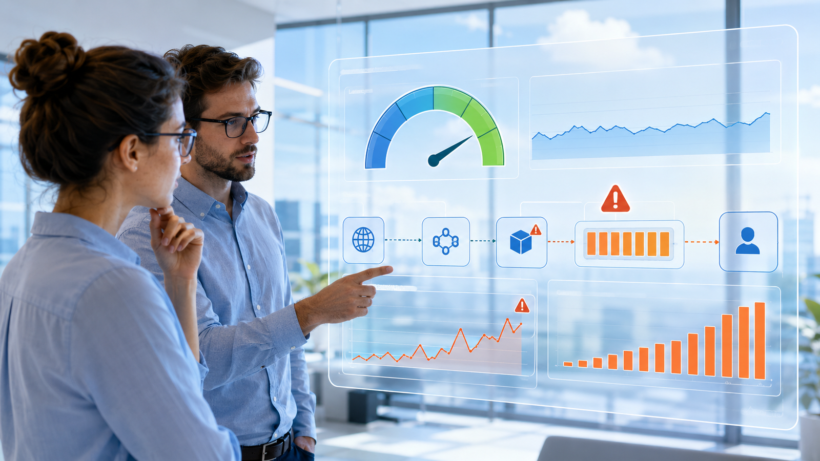 Cloud engineers reviewing a dashboard where CPU looks healthy while backlog, latency, and service pressure are rising.