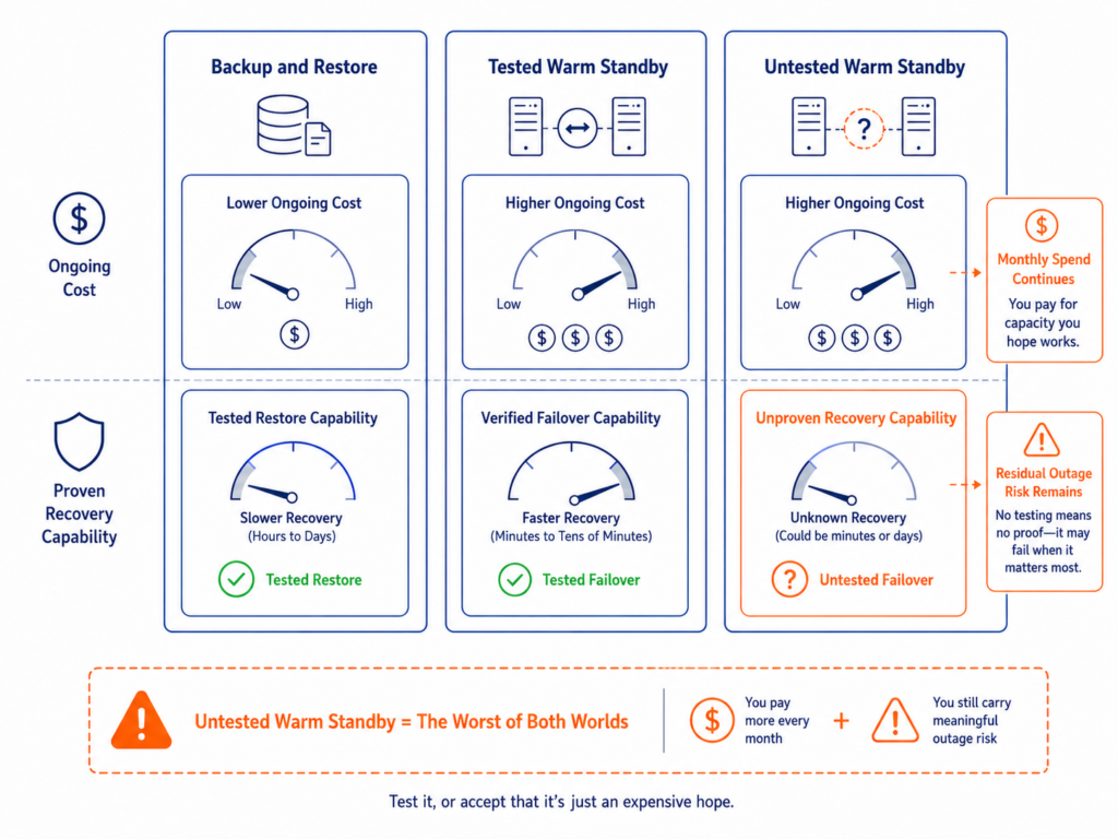 Comparison of backup and restore, tested warm standby and untested warm standby by ongoing cost and proven recovery capability.