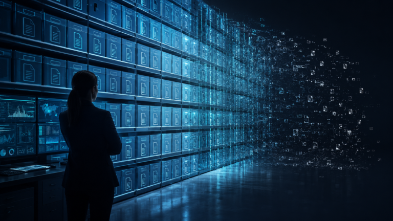 A security analyst stands in front of a glowing digital log archive, while older records dissolve into fragments, symbolising lost forensic evidence caused by short log retention.