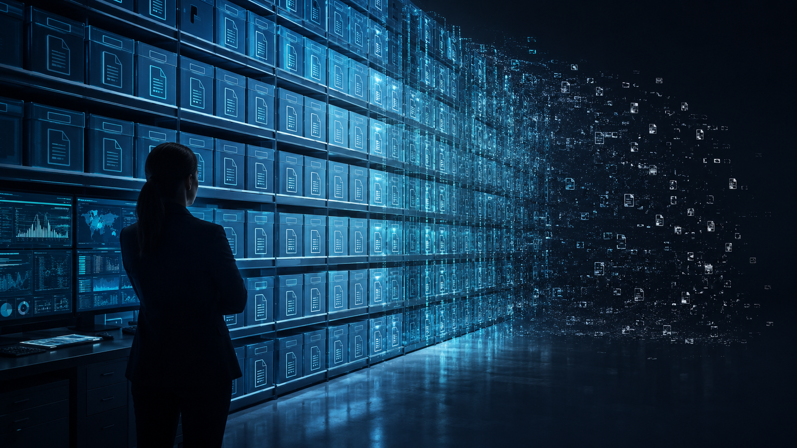 A security analyst stands in front of a glowing digital log archive, while older records dissolve into fragments, symbolising lost forensic evidence caused by short log retention.
