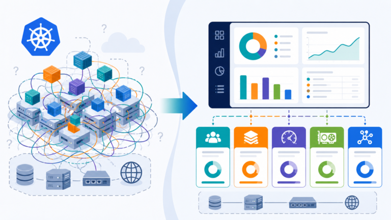 Illustration showing a tangled Kubernetes cluster being transformed into a clear cost allocation dashboard with organised team and platform cost buckets.