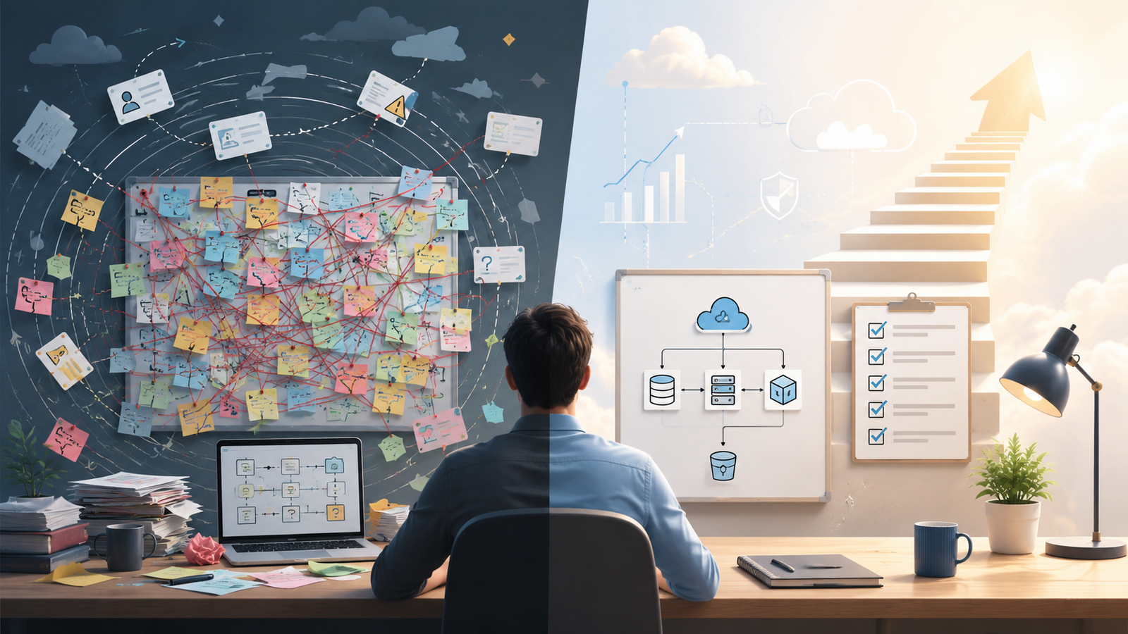 Cloud professional seated at a desk between a chaotic project board covered in tangled notes and a clear workspace with architecture diagrams, checklist, and upward career path.