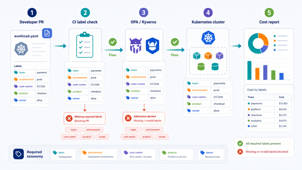 Pipeline diagram showing Kubernetes workload labels checked in CI and enforced by OPA or Kyverno before labelled workloads flow into cost reporting.